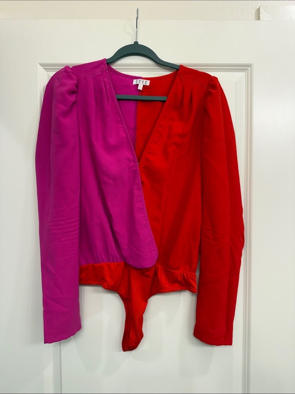 ITwo-Tone Pink & Red Long Sleeve Wrap Bodysuit Jacket